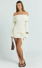 Rhianna Mini Dress - Knitted Off Shoulder Tie Waist Mini Dress in Cream