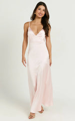 Lorenzia Maxi Dress - Plunge Corset Underbust Detail Satin Dress in Light Pink