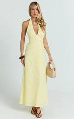 Connor Maxi Dress - Halter Neck Tie Back Dress in Lemon