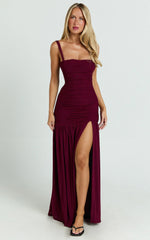 Cardi Maxi Dress - Ruched Mesh High Leg Split Dress in Wine