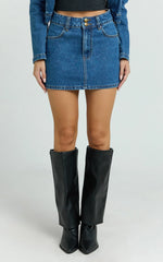 Pamela Mini Skirt - Low Rise Double Button Recycled Denim Skirt in Dark Blue Wash