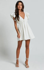 Raiza Mini Dress - Ruffle Sleeve Tie Back Plunge Dress in Off White