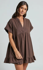 Calissa Mini Dress - Frill Hem Smock Dress in Chocolate