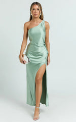 Isla Maxi Dress - Satin One Shoulder Side Split Dress in Sage