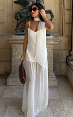Calvin Maxi Dress - Linen Look Contrast Georgette Skirt with Neck Scarf in White