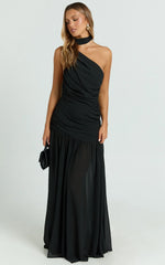 Enya Maxi Dress - One Shoulder Neck Tie Ruched High Split Dress in Black