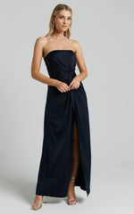 Hathaway Maxi Dress - Strapless Straight Neck Twist Front Split in Navy
