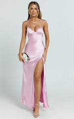 Heidi Maxi Dress - Satin Ruched Bust Tie Back Dress in Pink
