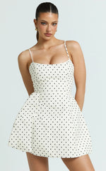 Carolina Mini Dress - Scoop Neck Panel Bodice Dress in White Polka Dot