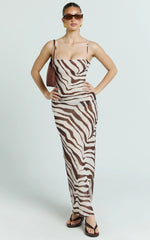 Gwendolyn Maxi Dress - Zebra Bias Spaghetti Strap Dress in Choc Zebra