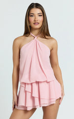 Hillary Mini Dress - Halter Blouson A Line Dress in Rose