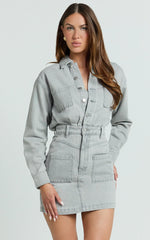Kamala Mini Dress - Long Sleeve Button Through Denim Dress in Grey
