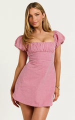 Ginny Mini Dress - Square Neck Ruched Bodice Puff Sleeve Straight Dress in Red Gingham