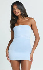 Camila Mini Dress - Strapless Draped Satin Bodycon Dress in Blue