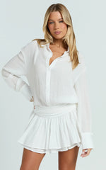 Edith Mini Dress - Long Sleeve Drop Waist Shirt Dress in White