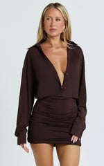 Pearce Mini Dress - Ruched Jersey Shirt Dress in Chocolate