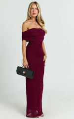 Caterina Maxi - Ruched Off Shoulder Mesh Dress in Wine