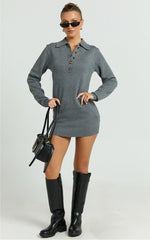 Jolene Mini Dress - Long Sleeve Knitted Polo Dress in Dark Grey