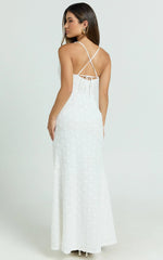 Mimi Maxi Dress - Embroidered Cowl Neck High Split Dress in White