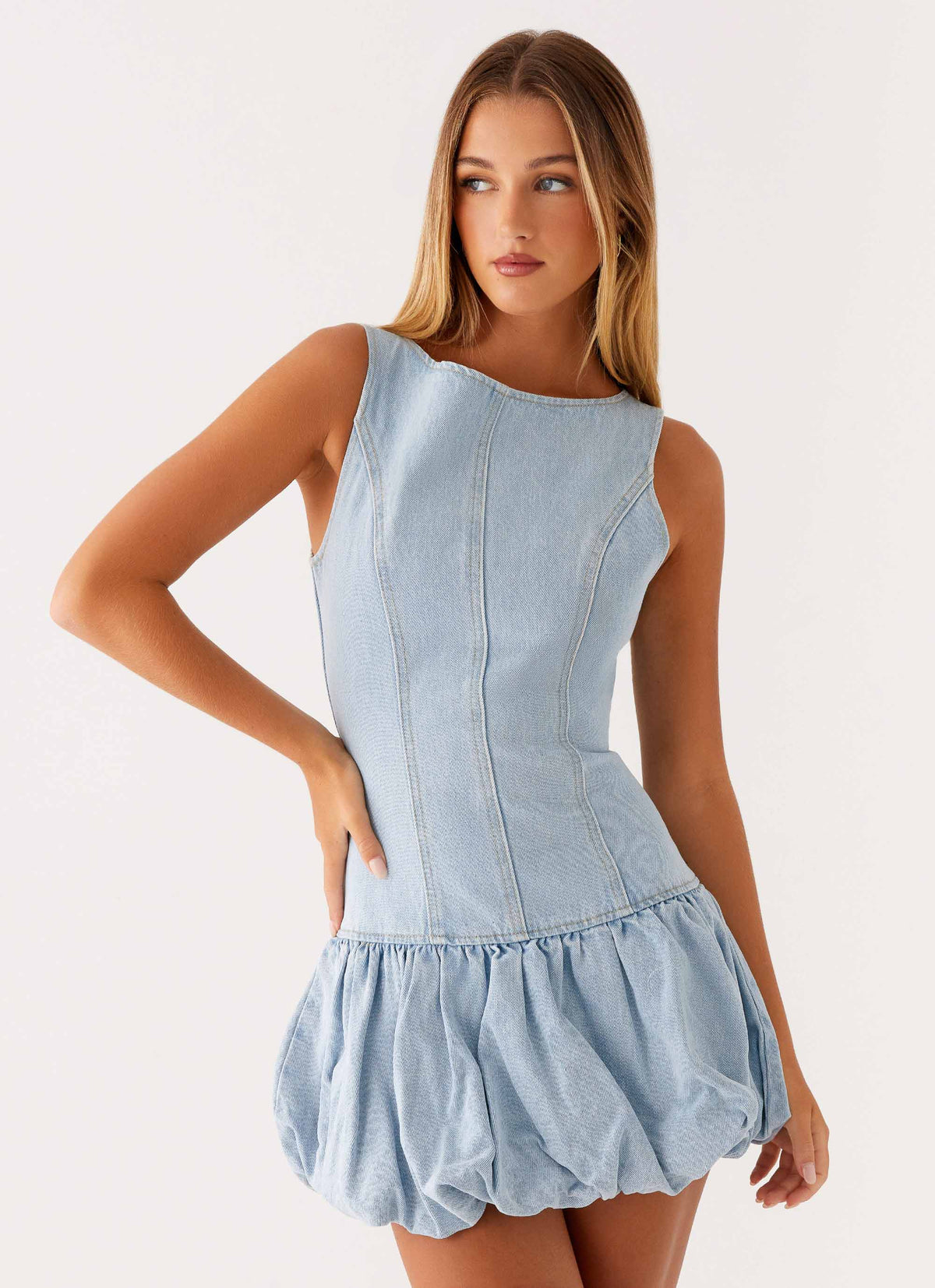Meg Bubble Denim Mini Dress - Blue