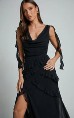 Lowen Maxi Skirt - High Waist Frill Thigh Split Skirt in Black