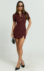 Charity Mini Dress - Placket Front Fitted Shirt Dress in Mahogany