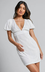 Cleonna Mini Dress - Short Puff Sleeve Plunge Neck Sequin Bodycon in White