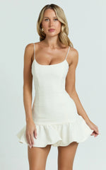 Sammie Mini Dress - Scoop Neck Hem Frill Fitted Dress in Off White