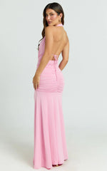 Eden Maxi Dress - Plunge Halter Neck Cut Out Bodycon Dress in Pink