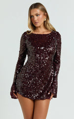 Bertina Mini Dress - Sequin Scoop Neck Low Back Dress in Wine