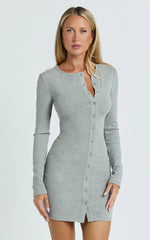Nikola Mini Dress - Long Sleeve Placket Front Bodycon Dress in Grey Marle
