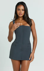 Jenni Mini Dress - Zip Through Square Neck Open Back Dress in Dusk Grey