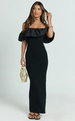 Carol Maxi Dress - Off Shoulder Frill Neckline Dress in Black