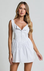 Alodia Mini Dress - Wide Strap Straight Neck Wide Pleated Dress in White