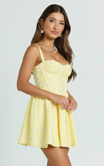 Eden Mini Dress - Jacquard Sweetheart Neck Lace Up Fit And Flare Dress in Yellow