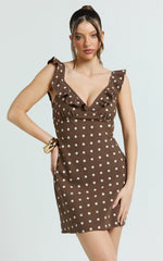 Isla Mini Dress - Ruffle Sleeve A Line Dress in Chocolate Polka Dot