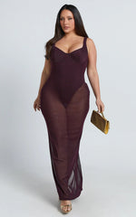 Laney Maxi Dress - Mesh Sweetheart Neck Bodycon Dress in Plum