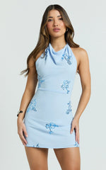 Aurora Mini Dress - High Cowl Neck A Line Dress in Baby Blue