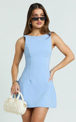 Freddie Mini Dress - Boat Neck Fit and Flare Dress in Blue