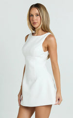 Raquelle Mini Dress - Boucle Boat Neck V Back Fit and Flare Dress in White