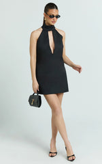 Polly Mini Dress - High Neck Keyhole Shift Dress in Black
