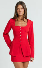 Evie Two Piece Set - Long Sleeve Button Down Tailored Top and Mini Skirt Set in Red
