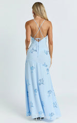 Aurora Maxi Dress - Floral Sequin Cowl Neck Dress in Baby Blue