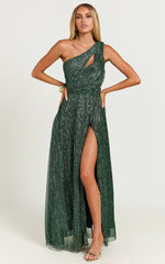 Isra Maxi Dress - Lurex Slit Cut Out One Shoulder Dress in Emerald