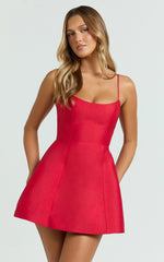 Carolina Mini Dress - Scoop Neck Panel Bodice Dress in Red