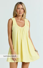 Lucinda Mini Dress - Deep U Gathered Neck Smock Dress in Lemon