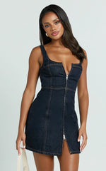 Chrysoula Mini Dress - Square Neck Zip Front Sleeveless Bodycon Denim in Raw Denim with Tobacco Stitch