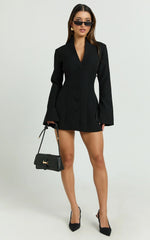 Layton Mini Dress - V Neck Long Sleeve Button Front Tulip Skirt Dress in Black