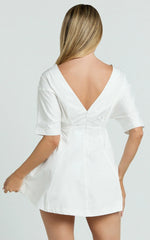 Dylan Mini Dress - High Boatneck Sleeved Fit And Flare Skirt Dress in White