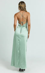 Heidi Maxi Dress - Satin Ruched Bust Tie Back Dress in Sage